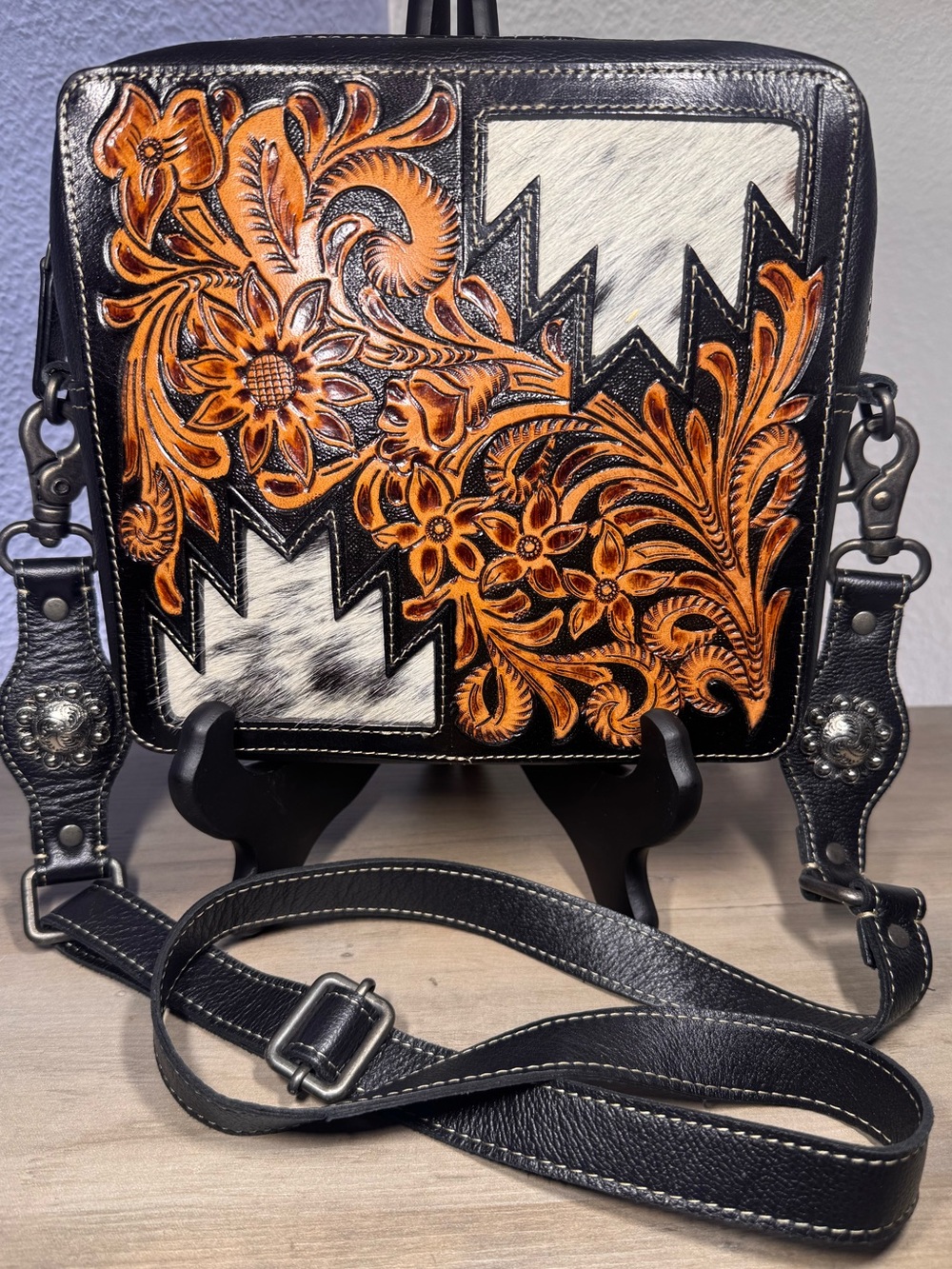 Myra Bag Tooled Leather Hair-On Hide Western Crossbody Purse Black Floral